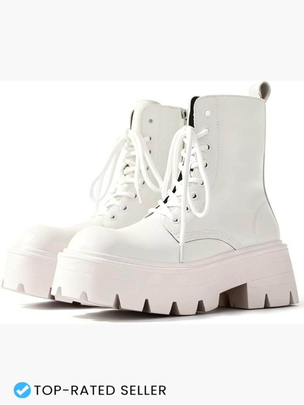 Black Leather Lace-Up Platform Combat Boots Chunky Heel Lug Sole Side Zipper